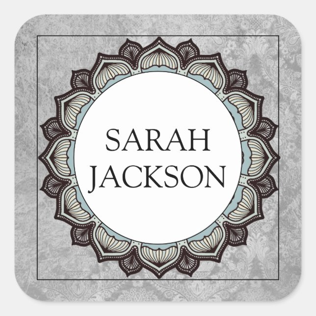 Name Monogram Decorative Stylised Floral Edge Grey Square Sticker (Front)