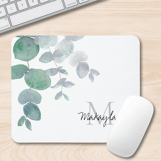 Name Monogram Eucalyptus Greenery Mouse Mat (Creator Uploaded)
