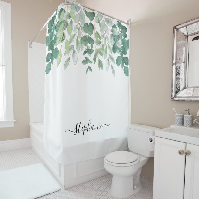 Name Monogram Eucalyptus Greenery Shower Curtain (In Situ)