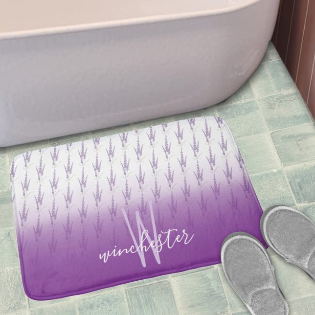 Name Monogram Farmhouse Lavender Flower Pattern Bath Mat (Creator Uploaded)