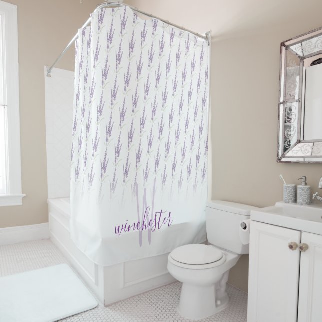 Name Monogram Farmhouse Lavender Flower Pattern Shower Curtain (In Situ)
