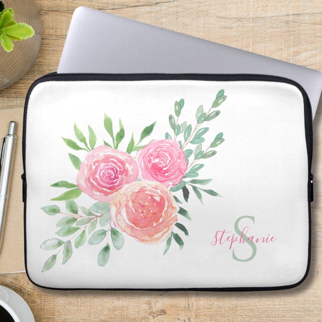Name Monogram Floral Watercolor Laptop Sleeve (Creator Uploaded)