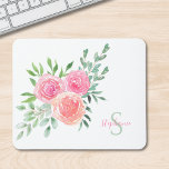 Name Monogram Floral Watercolor Mouse Mat<br><div class="desc">This monogrammed mouse pad features watercolor flowers and foliage in shades of pink,  coral,  and green. 
Add your name and initial to make this mouse pad unique.
Original Watercolor © Michele Davies.</div>