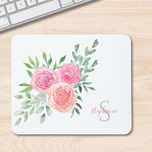 Name Monogram Floral Watercolor Mouse Mat (Creator Uploaded)