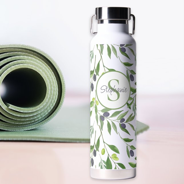 Name Monogram French Country Olive Pattern Water Bottle (Creator Uploaded)