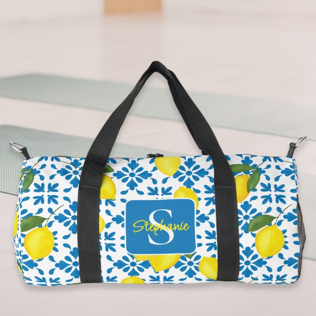 Name Monogram French Country Tile Lemons Pattern Duffle Bag (Creator Uploaded)