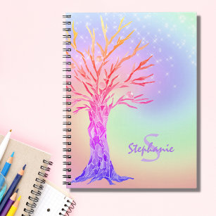 Name Monogram Girly Rainbow Coloured Tree Notebook
