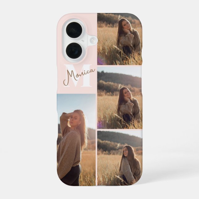 Name Monogram Girly Script 4 Photo Blush Pink  iPhone 16 Case (Back)