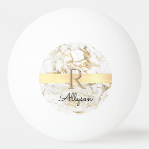 Name & Monogram, Gold Bar, White & Gold Marble Ping Pong Ball