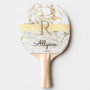 Name & Monogram, Gold Bar, White & Gold Marble Ping Pong Paddle