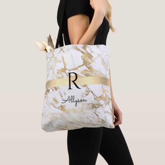 Name & Monogram, Gold Bar, White & Gold Marble Tote Bag (Close Up)