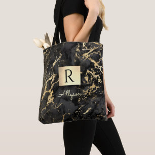 Name & Monogram, Gold Box, Black & Gold Marble Tote Bag