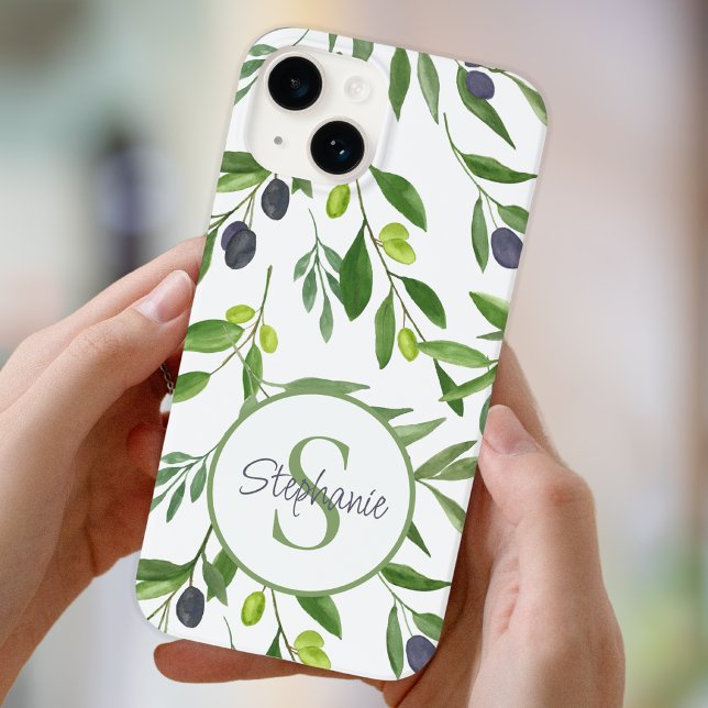 Name Monogram Green Watercolor Olive Pattern iPhone Case (Creator Uploaded)