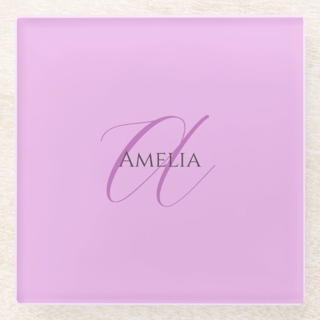 Name Monogram Initial Letter Orchid & Lilac Glass Coaster (Front)