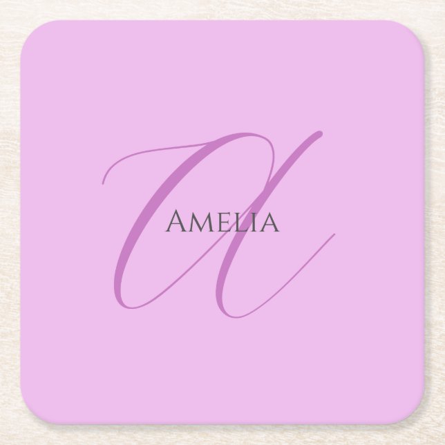 Name Monogram Initial Letter Orchid & Lilac Square Paper Coaster (Front)