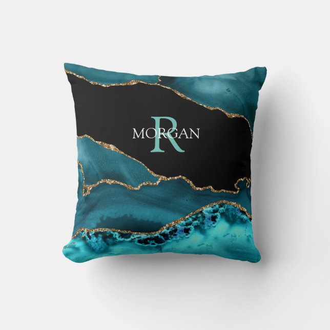 Name & Monogram Lt Teal White, Teal Blk Gold Agate Cushion (Front)