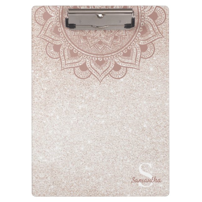 Name Monogram Mandala Lotus Yoga Rose Gold Chic Clipboard (Front)