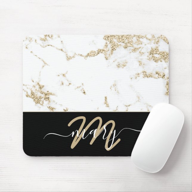 Name Monogram Marble Gold Elegant Back White Mouse Mat (With Mouse)