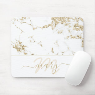 Name Monogram Marble Gold Elegant White Abstract Mouse Mat