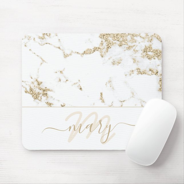 Name Monogram Marble Gold Elegant White Abstract Mouse Mat (With Mouse)