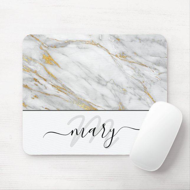 Name Monogram Marble Gold Grey White Abstract Mouse Mat (With Mouse)