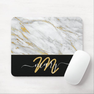 Name Monogram Marble Golden Strokes Back White Mouse Mat