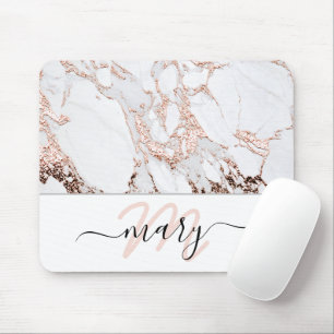 Name Monogram Marble Rose Pink White Abstract Mouse Mat