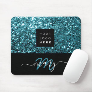 Name Monogram Minimal Blue Glitter Logo Mouse Mat