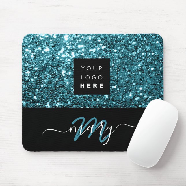 Name Monogram Minimal Blue Glitter Logo Mouse Mat (With Mouse)