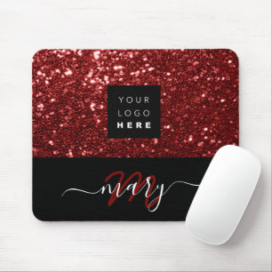 Name Monogram Minimal Burgundy  Glitter Logo Mouse Mat