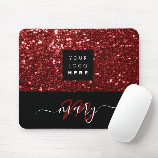 Name Monogram Minimal Burgundy  Glitter Logo Mouse Mat (With Mouse)