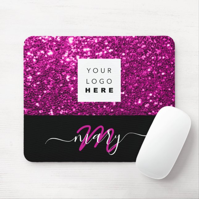 Name Monogram Minimal Pink Glitter Logo Mouse Mat (With Mouse)