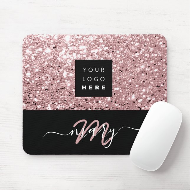 Name Monogram Minimal Pink  Glitter Logo Mouse Mat (With Mouse)