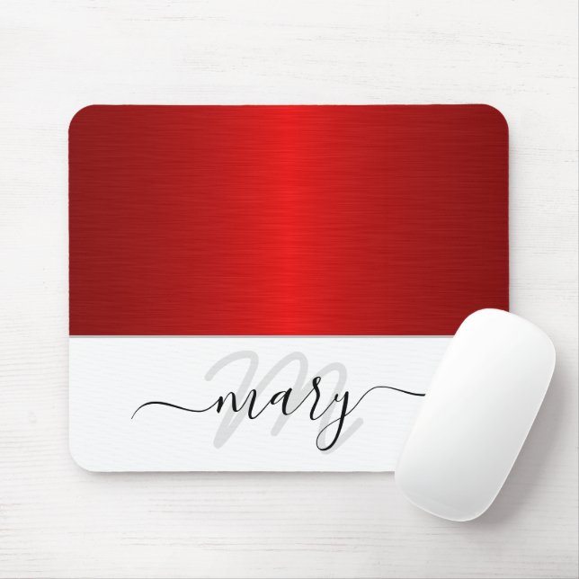 Name Monogram Minimal Red Black White Modern Mouse Mat (With Mouse)