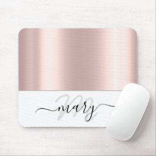 Name Monogram Minimal Rose Blush White Modern Mouse Mat