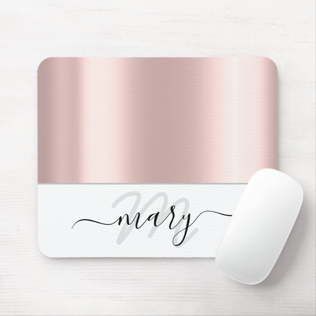 Name Monogram Minimal  Rose Blush White Modern Mouse Mat (With Mouse)