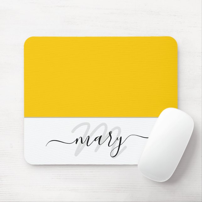 Name Monogram Minimal Yellow Lemon White Modern Mouse Mat (With Mouse)