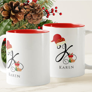 Name Monogram Modern Script Letter K Christmas Two-Tone Coffee Mug