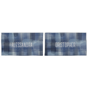 Name monogram navy blue watercolor tartan plaid  pillowcase