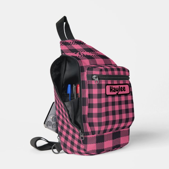 Name Monogram Pink & Black Buffalo Plaid | Sling Bag (Open)