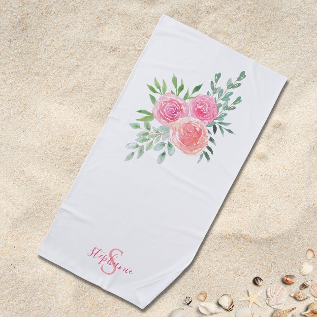 Name Monogram Pink Floral Beach Towel (Creator Uploaded)