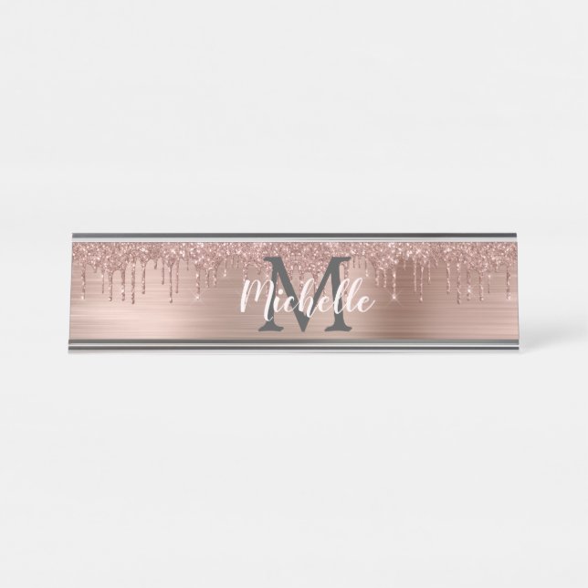 Name Monogram Pink Rose Gold Glitter Dripping  Desk Name Plate (Front)