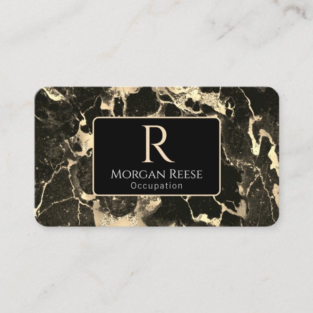 Name/Monogram, QR Code, Black/Gold Marble Vs2 Business Card (Front)