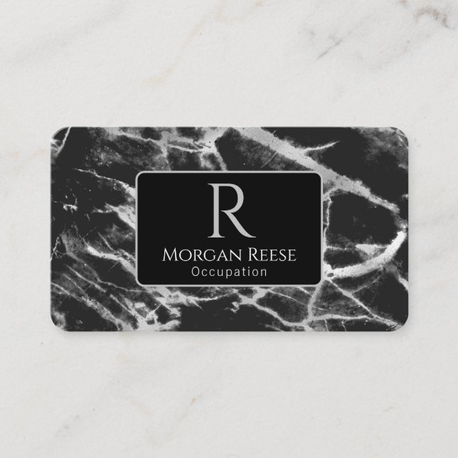 Name & Monogram, QR Code, Black & Grey Marble Business Card (Front)