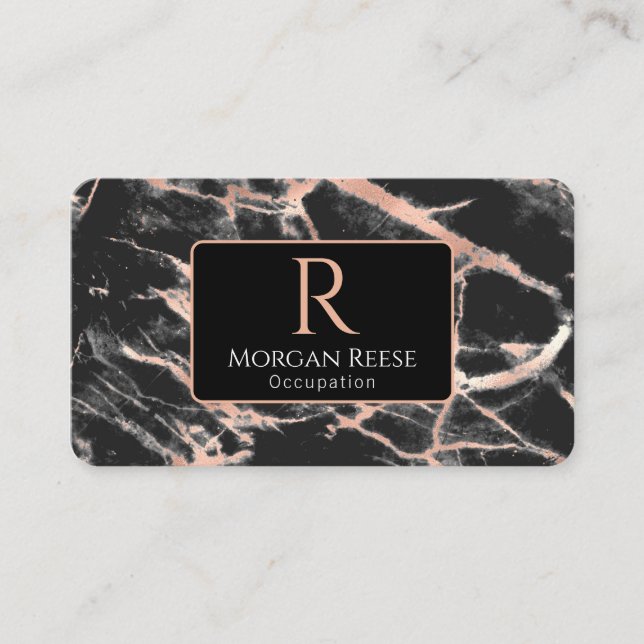 Name & Monogram, QR Code, Black & Rose Gold Marble Business Card (Front)