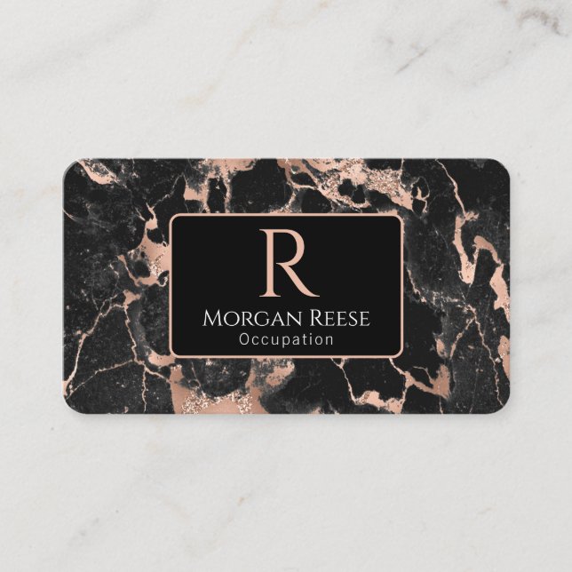 Name/Monogram, QR Code, Black/Rose Gold Marble Vs2 Business Card (Front)