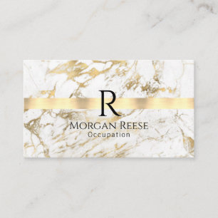 Name & Monogram, QR code, White & Gold Marble Business Card