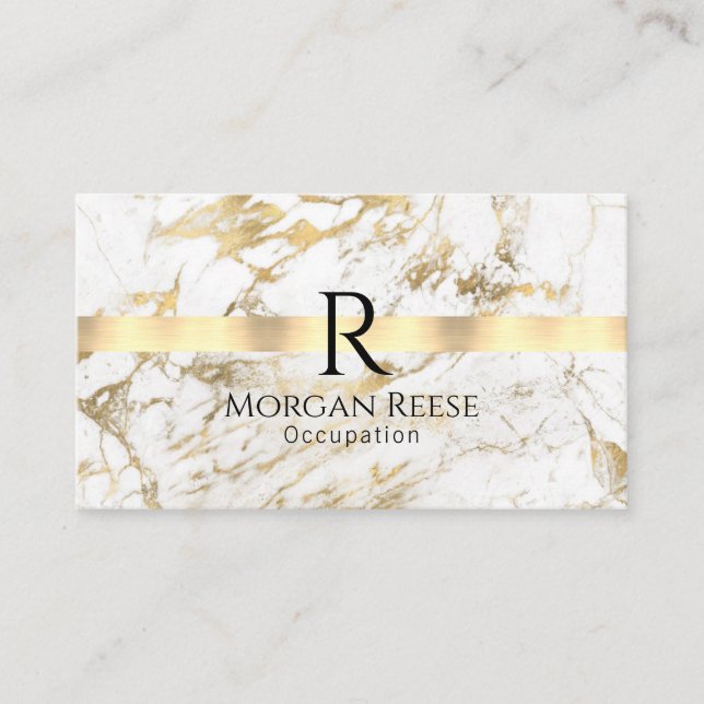Name & Monogram, QR code, White & Gold Marble Business Card (Front)