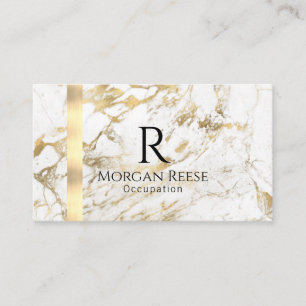 Name & Monogram, QR code, White & Gold Marble Vs 4 Business Card