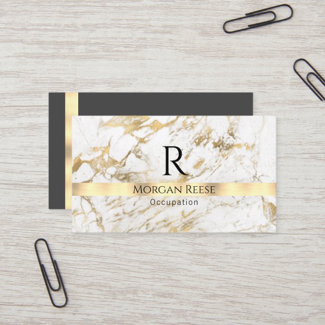 Name & Monogram, QR code, White & Gold Marble Vs 4 Business Card (Front/Back In Situ)